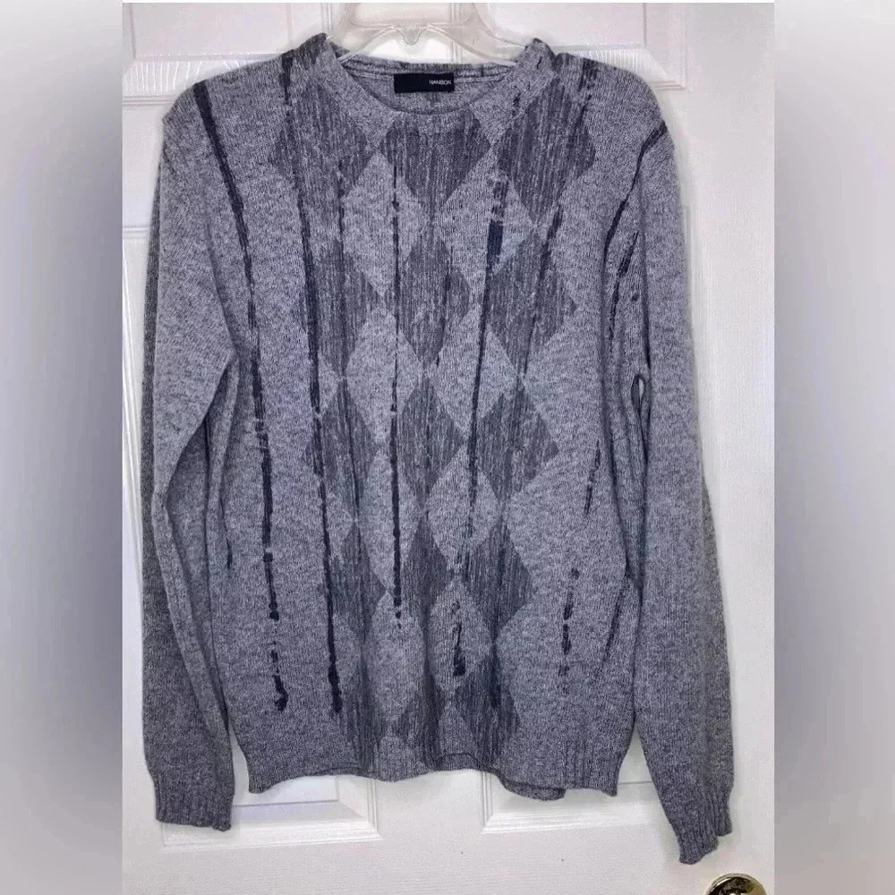 Men Vintage NANIBON Nani Bon Gray argyle Wool Blend Pullover Sweater Sz 50 Large